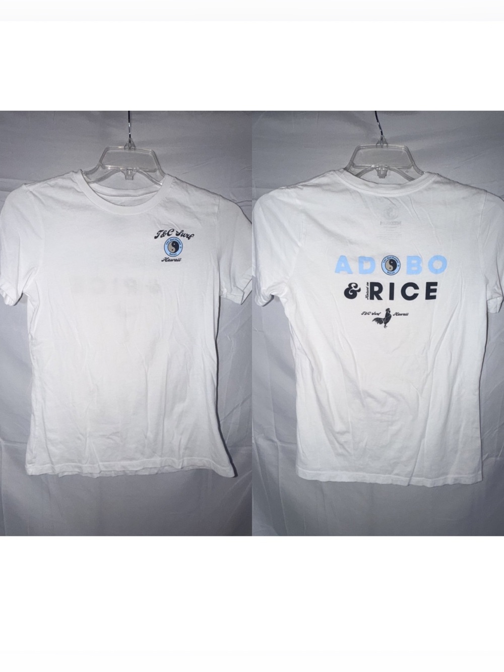 T&C Surf Hawaii with Adobo & Rice graphic white tshirt